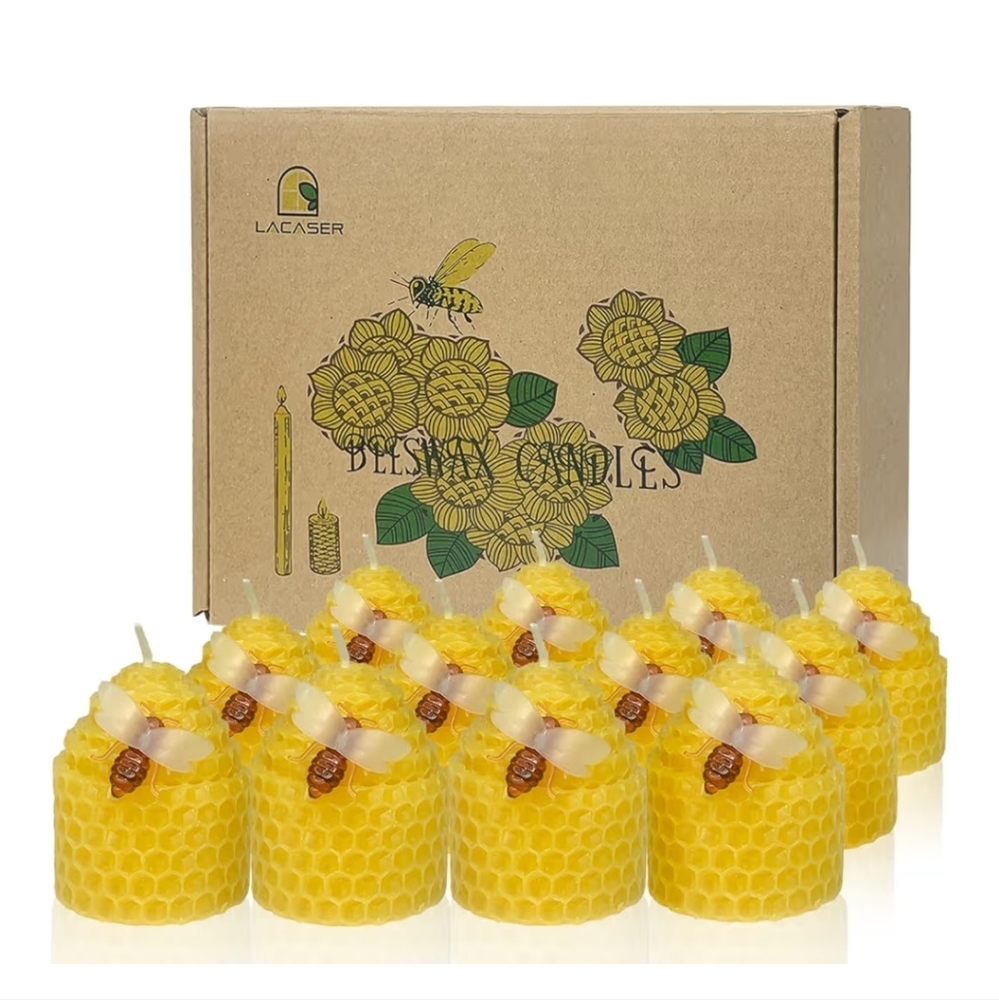 12X Lacaser Beeswax Unscented Candles, Bee Candles with Little Bee Ornament
